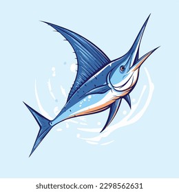 Ilustración vectorial del salto de pez espada de marlín azul del diseño del logo del deporte de pesca al aire libre