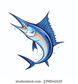 Vector illustration of blue marlin sword fish jump from water outdoor fishing sport logo design