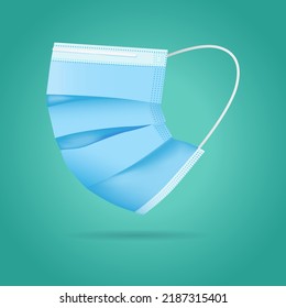 Vector illustration of blue medical mask isolated on greenish background side view. Surgical masks, corona virus protection masks. Great for digital asset sources, ads, banners or posters