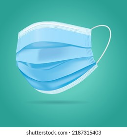 Vector Illustration Of Blue Medical Mask Isolated On Greenish Background Side View. Surgical Masks, Corona Virus Protection Masks. Great For Digital Asset Sources, Ads, Banners Or Posters