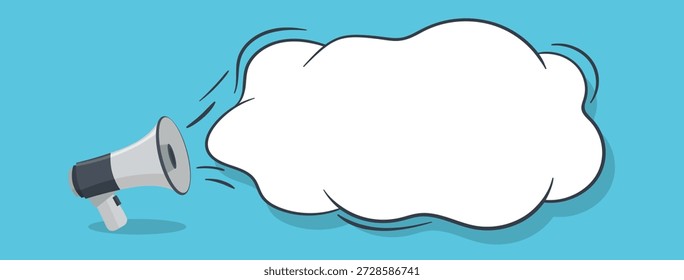 Altavoz azul del megáfono de la Ilustración vectorial con la nube blanca grande de la burbuja del discurso para la promoción del anuncio y los Elementos de diseño de la publicidad del marketing