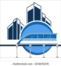 Vector illustration of blue metro train with the background of an urban building