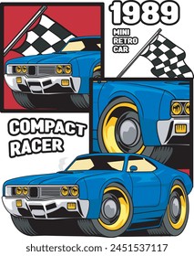 Ilustración vectorial de mini coche azul y banderas con la ilustración de Antiguas disponible para los niños insignia