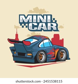 Vektorillustration von Blue Mini Car mit Feuermotiv mit Klassischer Illustration Verfügbar für Kinderabzeichen