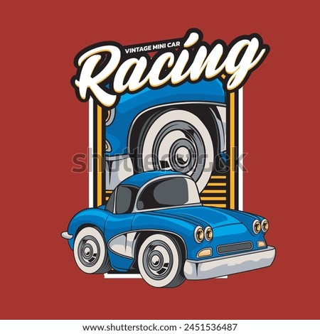 Vector Illustration of Blue Mini Car with Vintage Illustration Available for Kids Badge