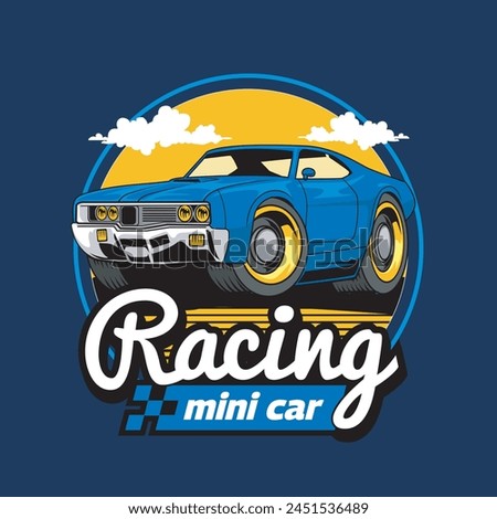 Vector Illustration of Blue Mini Car with Vintage Illustration Available for Kids Badge