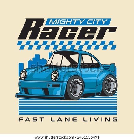 Vector Illustration of Blue Mini Car with Vintage Illustration Available for Kids Badge