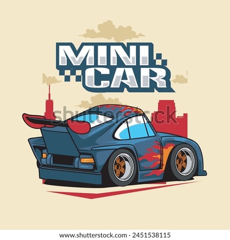 Vector Illustration of Blue Mini Car with Fire Motif with Vintage Illustration Available for Kids Badge