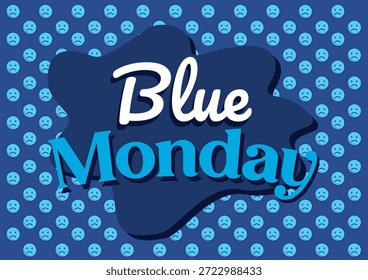 Vektorgrafik für Blue Monday mit stilisierter Typografie und einem Muster trauriger Emoticons auf dunkelblauem Hintergrund.
