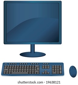 Vector illustration of a blue monitor with matching keyboard and cordless mouse