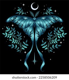 Ilustración vectorial de la polilla luna azul. Para imprimir camisetas y bolsos, elemento decorativo. Ilustración mística y mágica, astrología