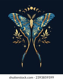 Vector illustration of blue moon moth. For print for T-shirts and bags, decor element. Mystical and magical, astrology illustration