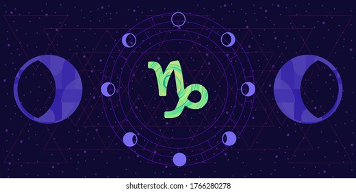 vector illustration of blue moon phases and Capricorn sign for zodiac horoscope prediction banner