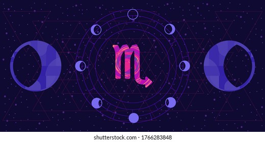 vector illustration of blue moon phases and Scorpio sign for zodiac horoscope prediction banner