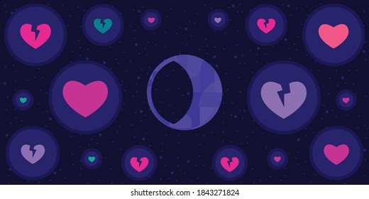 vector illustration of blue moon phases and hearts for relationship and love astrology prognosis
