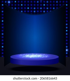 Vector illustration blue mosaic background with shining sparkle stage podium