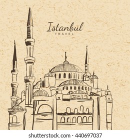 Vector illustration of Blue Mosque on vintage paper background. Sultanahmet Camii hand drawn sketch. Istanbul architecture and landmarks. Design concept for travel around Turkey.
