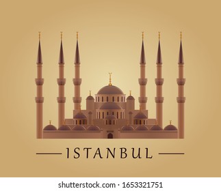 Ilustración vectorial de la Mezquita Azul (Mezquita Sultan Ahmed) al atardecer de la Ciudad Antigua de Estambul - Sultanahmet, Estambul, Turquía [Otoño/ Naranja]