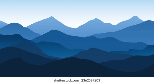 Vector illustration of blue mountain landscape design background, silhouettes, view, flat design 