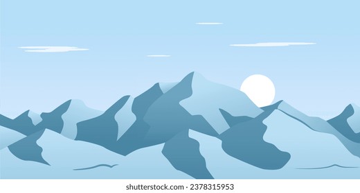 ilustración vectorial de un paisaje de montaña azul, con el amanecer detrás