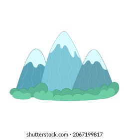 Vector illustration blue mountains with green hills on white isolated background