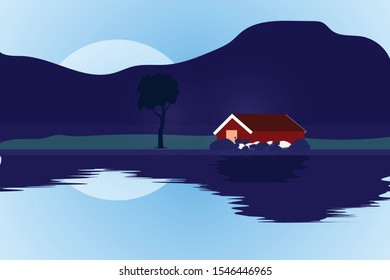 Vector illustration. Blue mountains winter snowy landscape with hand lettering of Seasons Greetings There is also a small house
