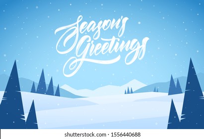 Vector illustration. Blue mountains winter snowy landscape with pines and hand lettering of Season's Greetings. Christmas card.