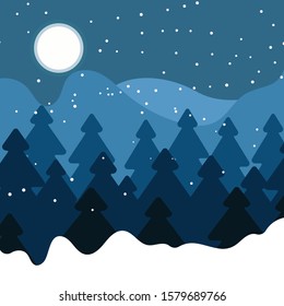 Vector illustration. Blue mountains winter snowy landscape.
