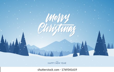 Vector illustration. Blue mountains winter snowy landscape with hand lettering of Merry Christmas and pine forest on foreground.