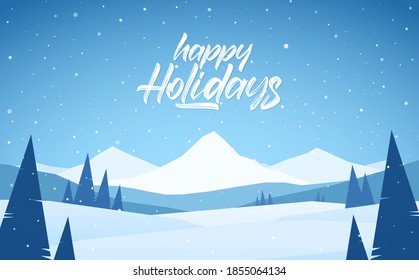 Vector illustration. Blue mountains winter snowy landscape with handwritten lettering of Happy Holidays and pines on foreground.