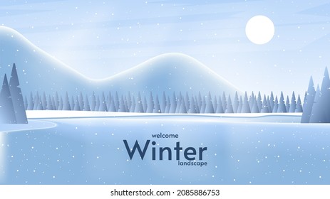 Vector illustration. Blue mountains, winter snowy landscape with road, tree in background. Design for wallpaper, banner. 