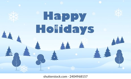 Vector illustration. Blue mountains winter snowy landscape with hand lettering of Happy Holidays and pines on foreground.
