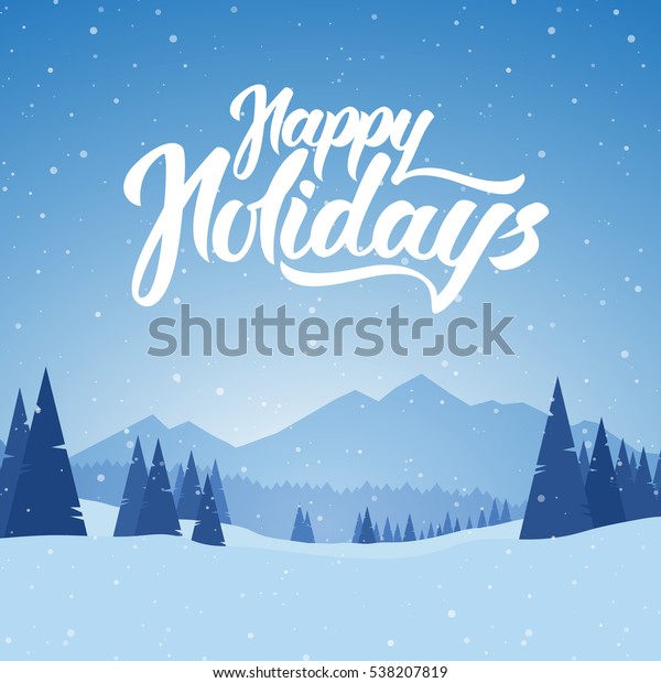ベクターイラスト 青い山は冬の雪景色で 松や祝日の手書きがある クリスマス のベクター画像素材 ロイヤリティフリー