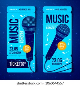 vector illustration blue music concert ticket design template with microphone and cool grunge effects in the background