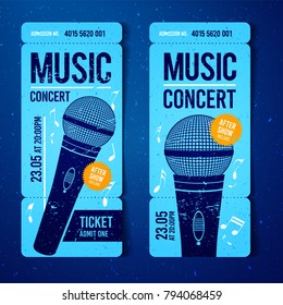 vector illustration blue music concert ticket design template with microphone and cool grunge effects in the background