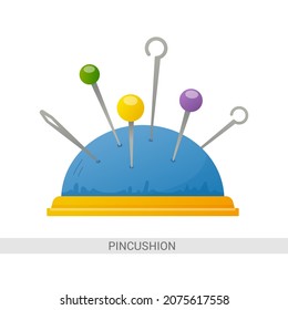Vector illustration. Blue needle cushion with pins and needles. Drawing for education and entertainment. Use for cards, books, magazines.