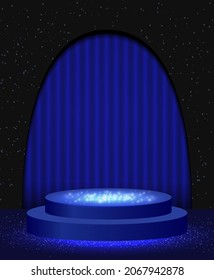 Ilustración vectorial fondo de neón azul con podio estelar brillante