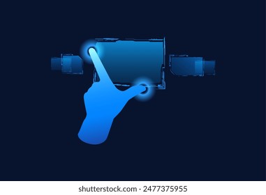 Vector illustration of blue neon color hand gesture to interact with touch screen. An icon representing double tapping or swiping on a dark background is ideal for interface design.