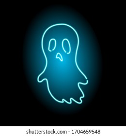Vector illustration of blue  neon glow signboard of ghost. Halloween scary cartoon  character.