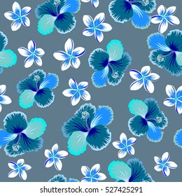 Vector illustration. Blue, neutral and violet hibiscus flowers seamless pattern.