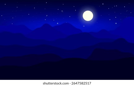 vector illustration of blue night mountains with glowing full moon and scattered stars in sky.