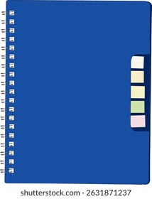 Vector illustration of an blue notebook with colorful marks inside. The notebook design features vibrant blue cover with multicolor highlights, ideal for school, office, or creative projects. Edit