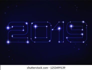 Vector illustration of blue number 2019 in style of constellation  