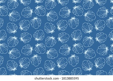 vector illustration blue ocean shell clam marine repeat seamless pattern doodle cartoon style. Great for fabric packaging wallpaper