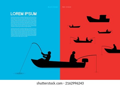 Vector illustration of Blue Ocean Strategy vs Red Blue Ocean Strategy with Lorem ipsum that easy to understand and easy to remember. Image of fisherman in red and blue area. For article, banner.