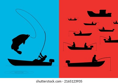 Vector illustration of Blue Ocean Strategy vs Red Blue Ocean Strategy that easy to understand and easy to remember with pictures of fishermen waiting and fisherman who have completed.