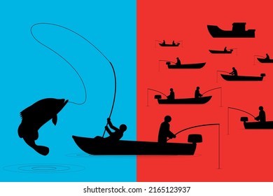 Vector illustration of Blue Ocean Strategy vs Red Blue Ocean Strategy that easy to understand and easy to remember with pictures of fishermen waiting and fisherman who have completed.