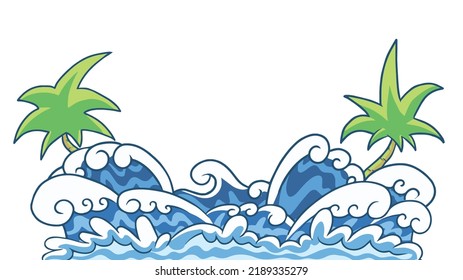 vector Illustration of blue ocean waves white foam with palm tree and coconut tree. Isolated water splash set in cartoon style. Element for your design.