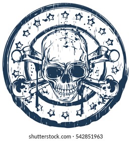 Vector illustration blue old dirty round stamp with stars  and abstract grunge skull with crossed bones