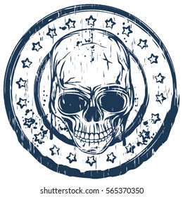 Vector illustration blue old dirty round stamp with stars  and abstract grunge skull